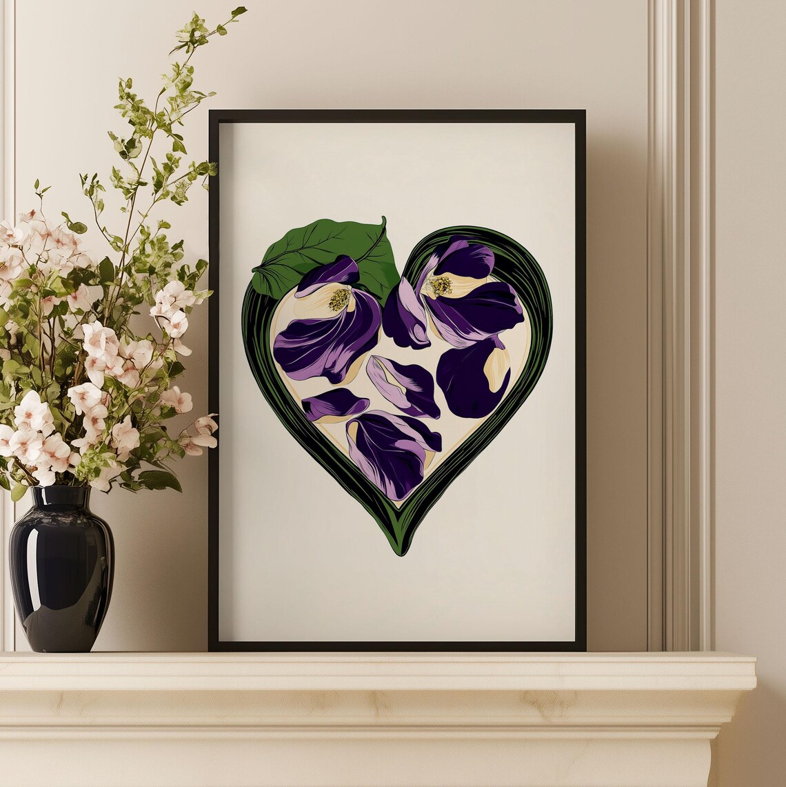 Purple Petal Heart Flower Shape Modern Boho Floral Art Poster - Image 3