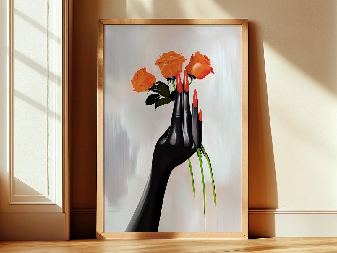 Black Hand With Red Nails Holding Orange Roses Bold Fashion Poster