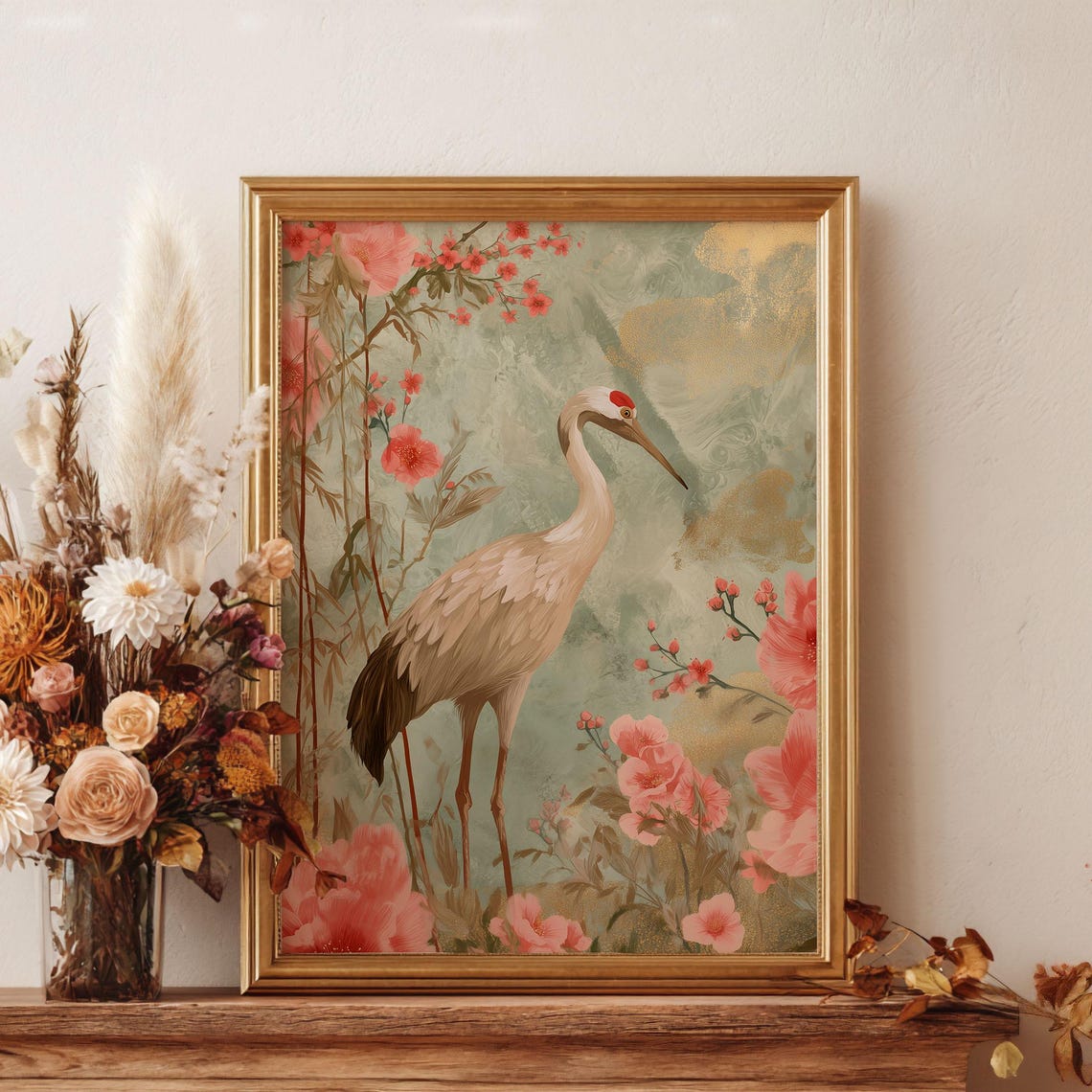 Crane Bird Art Print, Elegant Pastel Wall Decor