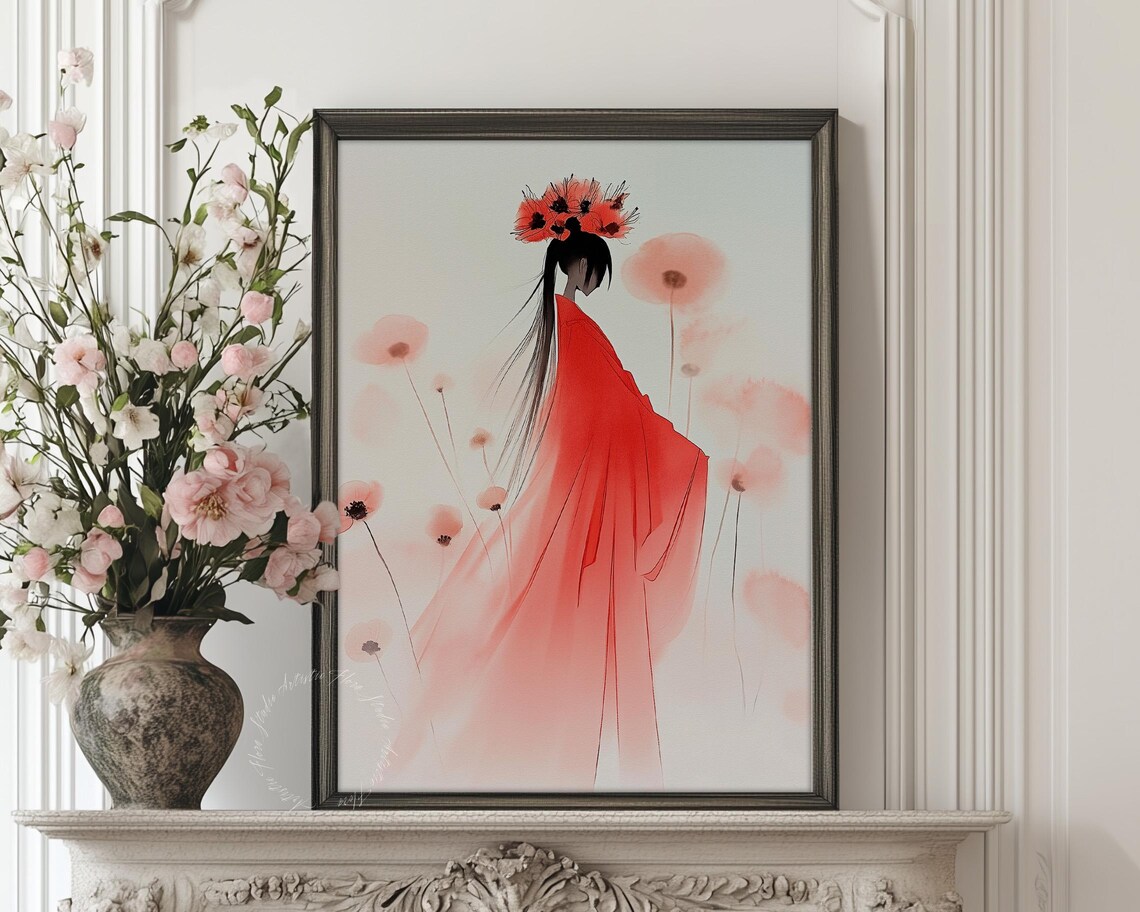 Geisha Red Kimono Watercolor Japanese Woman Portrait Floral Art Poster - Image 2