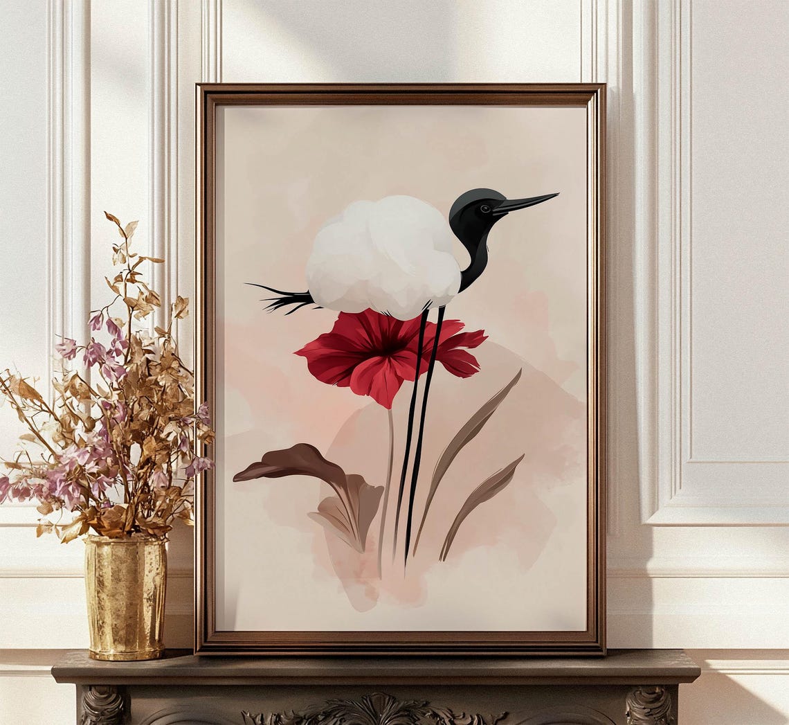 Black Headed Egret Red Flower Minimalist Watercolor Bird Poster - Image 3