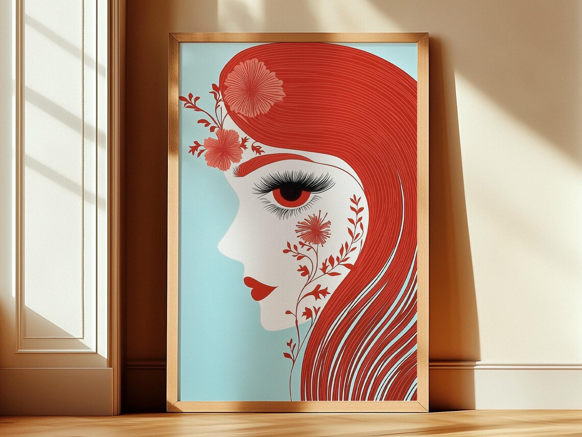 Redhead Woman Profile with Red Hair Floral Retro Style Art Poster