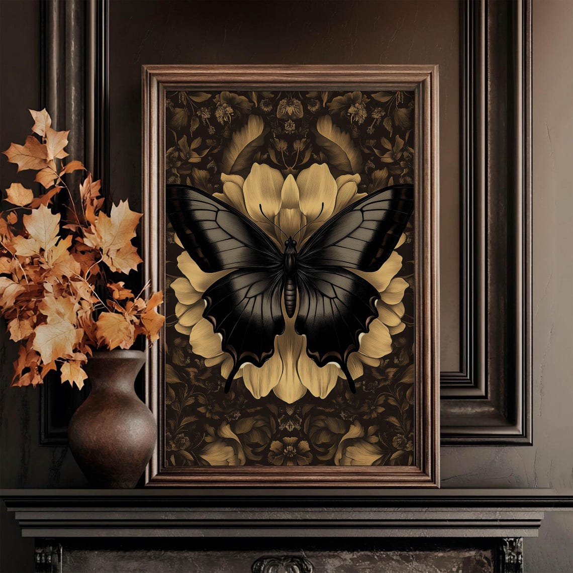 Black Butterfly Golden Bloom Dark Moody Botanical Insect Art Poster - Image 2