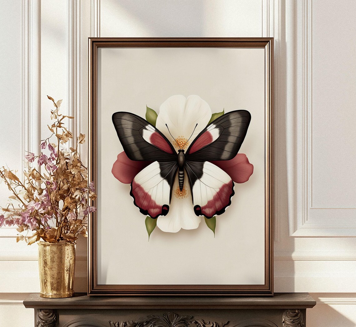Burgundy Black White Butterfly White Flower Botanical Poster - Image 4