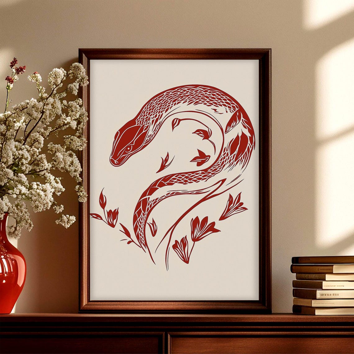 Red Paper Cut Snake Floral Design Bold Minimalist Art Poster - Image 4