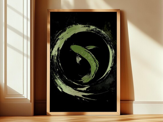 Green Koi Fish Inside Enso Circle on Black Moody Zen Art Poster