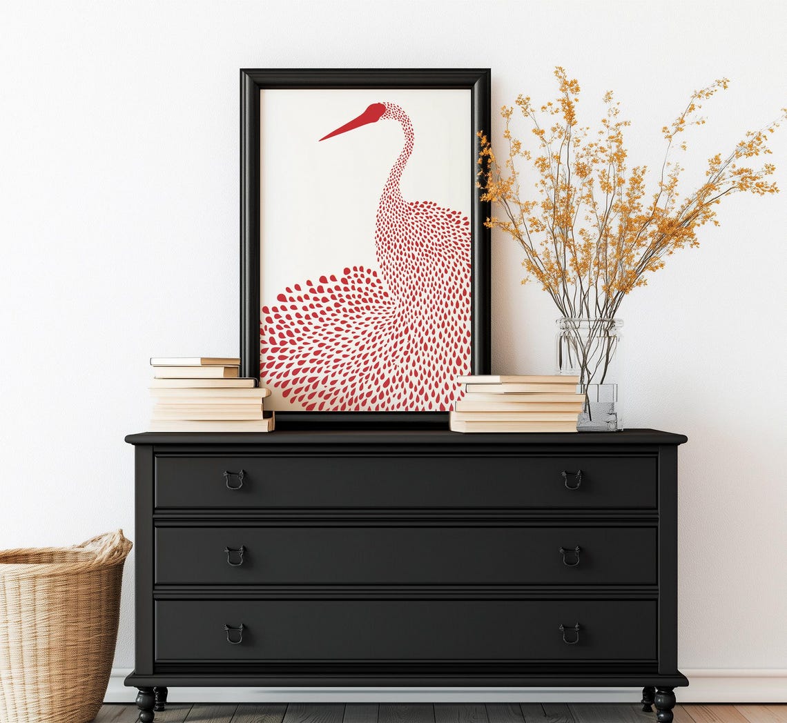 Red Dotted Egret Pointillist Bird Modern Abstract Texture Poster - Image 3
