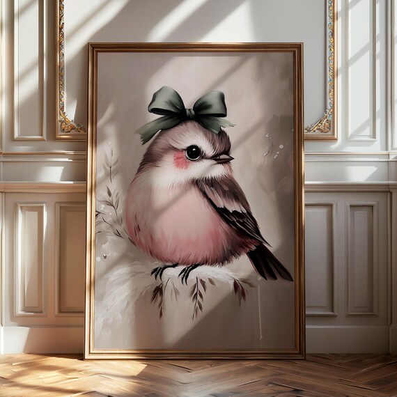 Adorable Round Bird Green Bow Pink Winter Songbird Portrait Poster