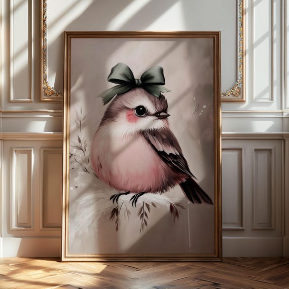 Cute Robin Art Print Winter Season Wall Art Christmas Decoration Oil Painting Artwork Elegant Pink Bedroom Romantic Bird Illustration 141
