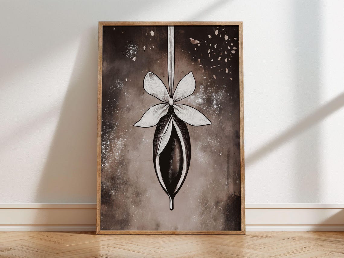 Dark Cocoa Pod Hanging Ornament Ribbon Moody Christmas Poster