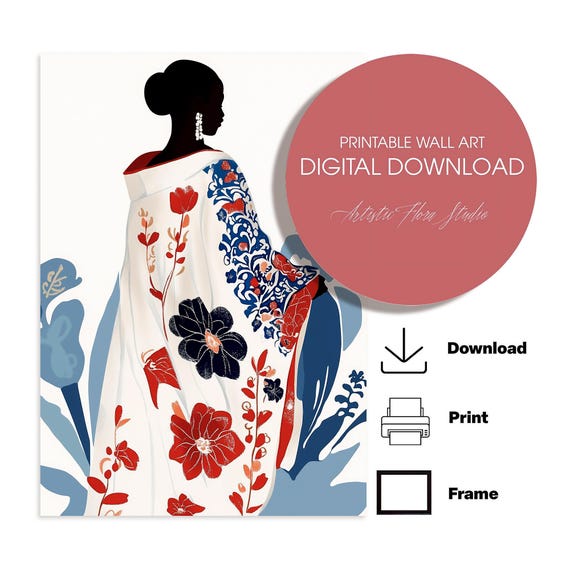 Black Goddess Art Moody Floral Artwork Feminine Poster Red Blue Wall Decor Modern Boho Bedroom Gallery Wall 234