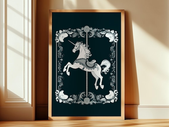Magical White Carousel Unicorn Dark Navy Chalk Style Art Poster