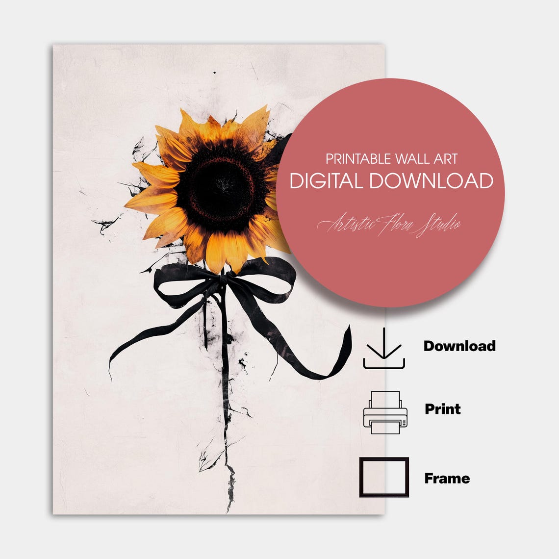 Sunflower Black Bow Ink Splatter Modern Abstract Floral Poster - Image 2