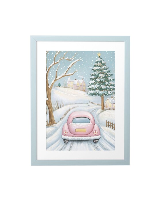 Pink Car Driving Down a Snowy Road Pastel Christmas Wall Art