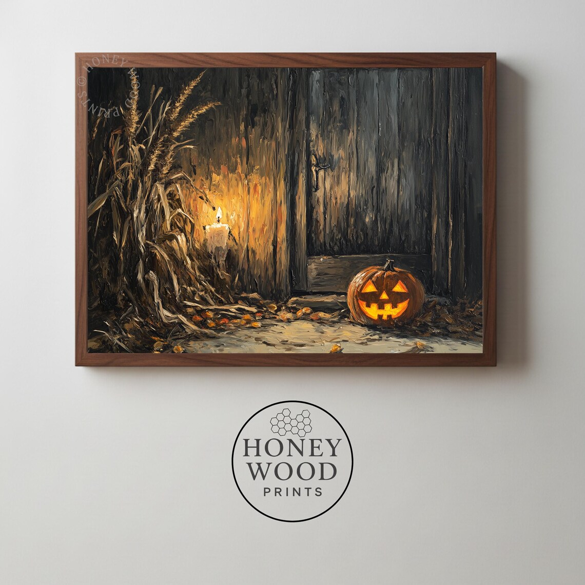 Halloween Glowing Jack O Lantern Barn Door Candlelight Scene Poster