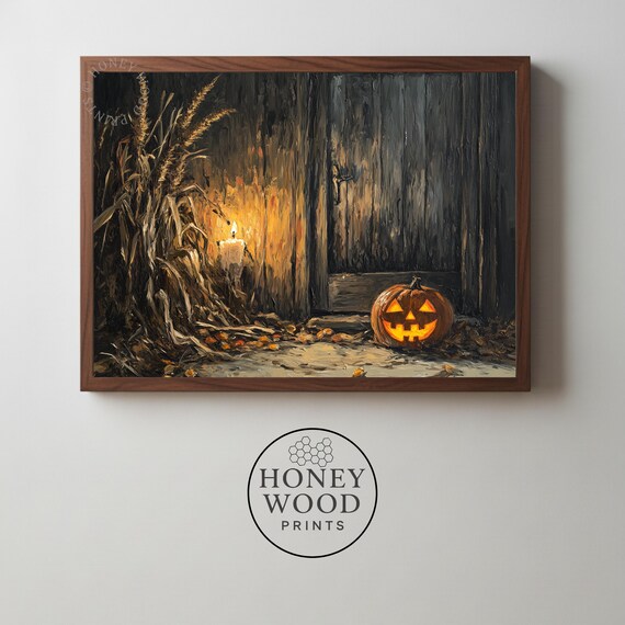 Rustic Halloween Jackolantern Scene Moody Autumn Decor Vintage Door Oil Painting Warm Candlelight Art Farmhouse Instant 198