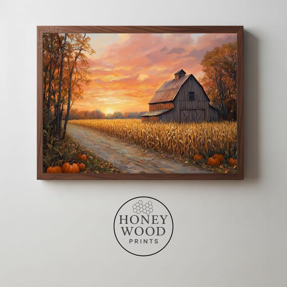 Rustic Barn In Autumn Setting Charming Harvest Farmscape Fall Sunset Scene Vintage Farmhouse Decor Art Instant 112