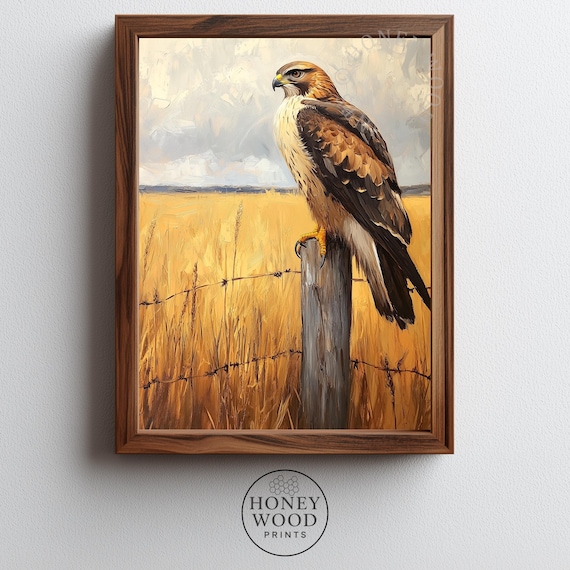 Rustic Hawk On Fence Post Painting Moody Country Wall Art Golden Fields Farmhouse Landscape Bird 246