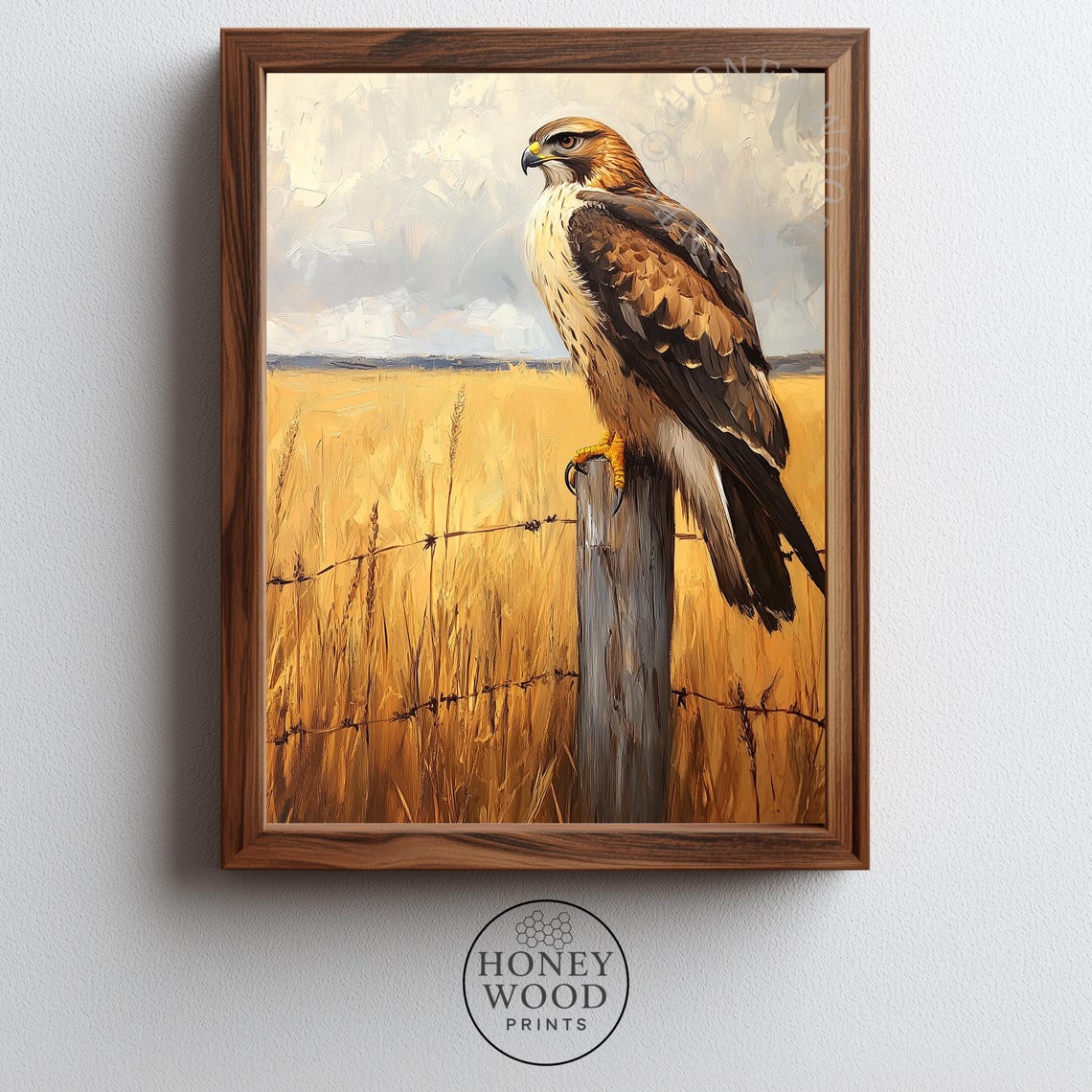 Hawk Perched on Fence Post Golden Wheat Field Country Art Poster