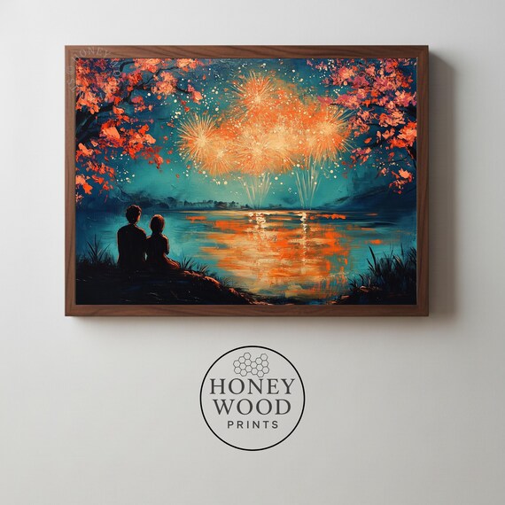 Romantic Lakeside Fireworks Nightscape Art Of Couple Under Night Sky Moody Festive Scene Wall Decor Cozy 163