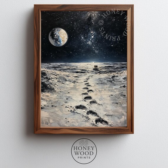 Moody Cosmic Landscape Dramatic Lunar Footprints Oil Art Spacethemed Minimalist Wall Decor Earthy Night Sky Print 184