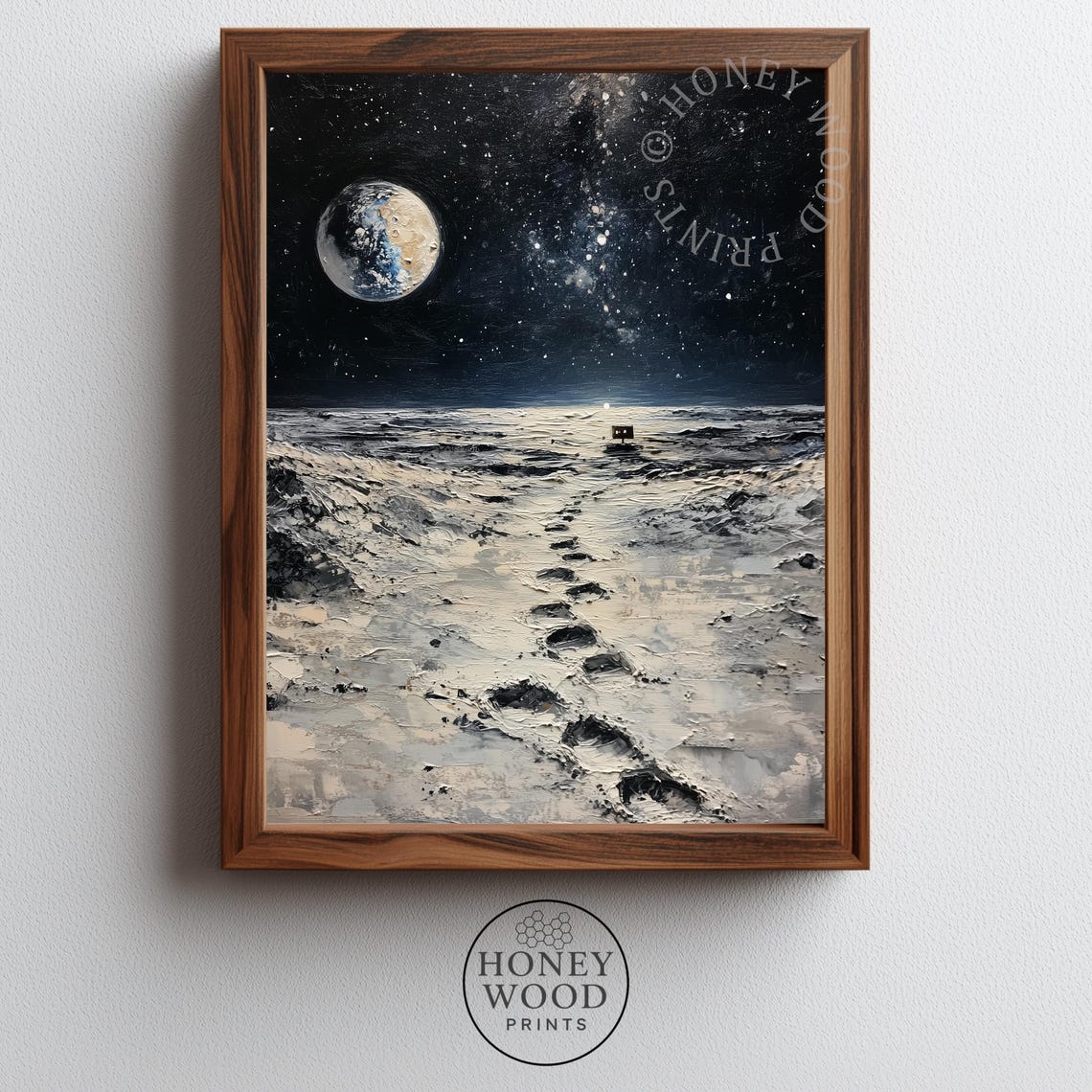 Moody Cosmic Landscape Dramatic Lunar Footprints Oil Art Spacethemed Minimalist Wall Decor Earthy Night Sky Print 184