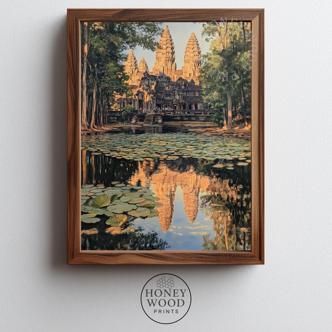 Angkor Wat Temple Golden Hour Reflection Lotus Pond Painting Print
