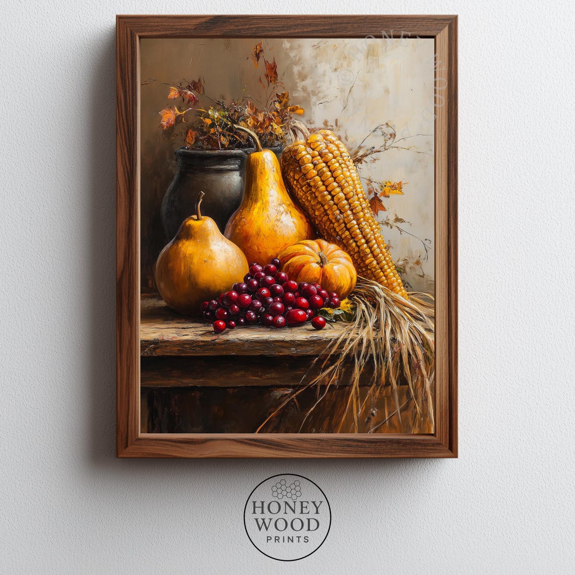 Autumn Harvest Still Life Pumpkins Corn and Berries Cozy Kitchen Art Poster