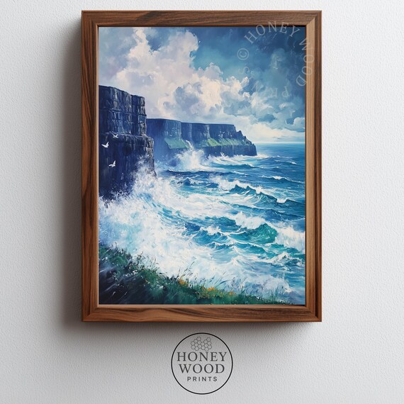 Cliffs Of Moher Seascape Moody Coastal Wall Art Dramatic Rugged Nautical Painting Ocean Waves Stormy Irish Landscape 202