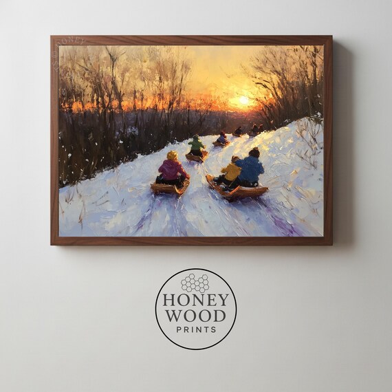 Children Sledding Sunset Scene Cozy Winter Landscape Vintage Snowy Hill Painting Moody Holiday Art Wall Decor 188