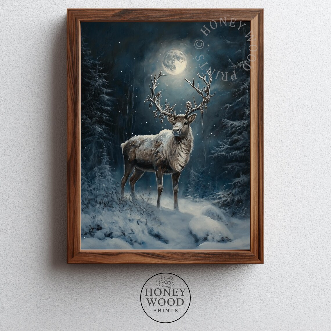 Majestic Reindeer in Moonlit Snowy Forest Winter Wildlife Moody Art Poster