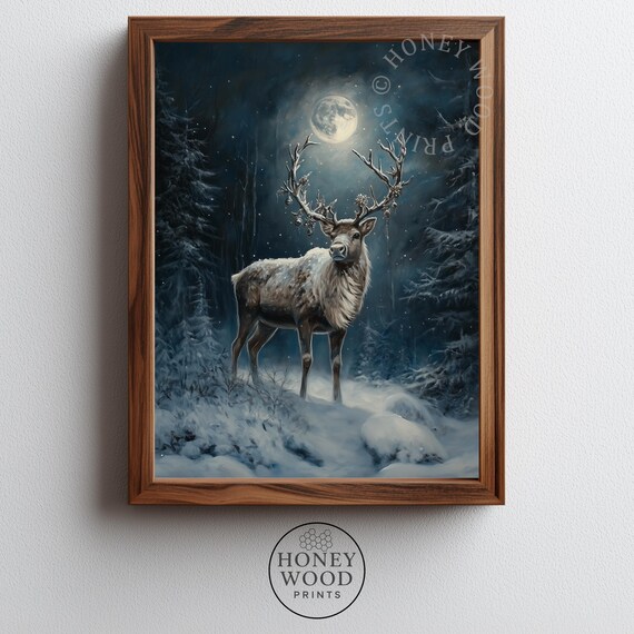 Majestic Reindeer in Moonlit Snowy Forest Winter Wildlife Moody Art Poster