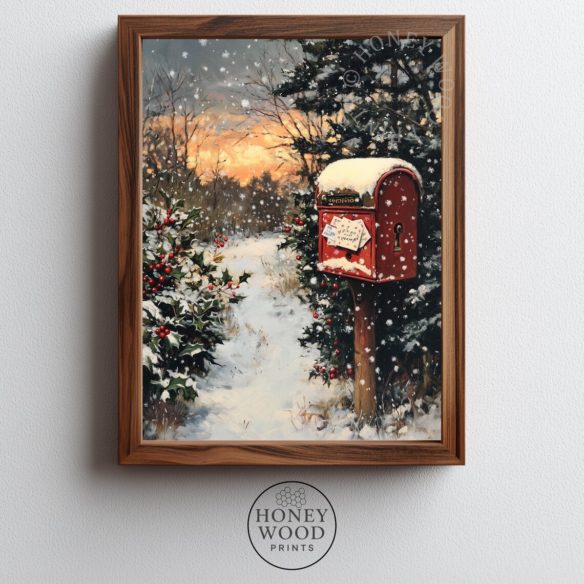 Cozy Winter Mailbox with Letters in Snowy Sunset Landscape Art Poster