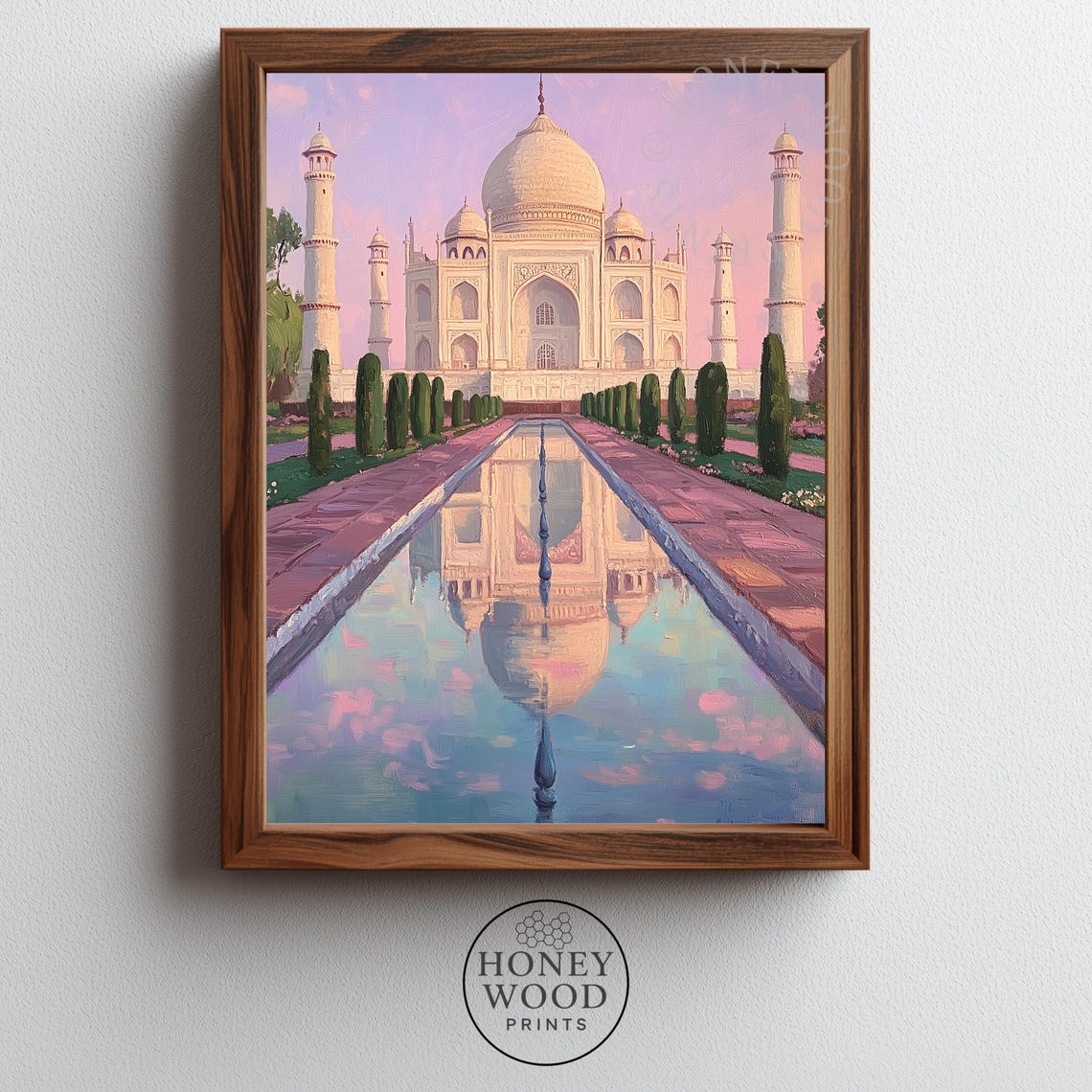 Taj Mahal At Dawn Pink Marble Reflection Oil Painting Wall Art