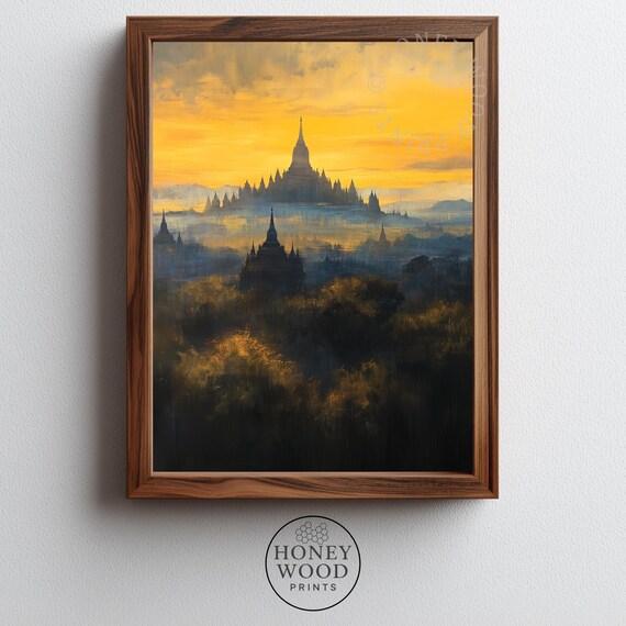 Moody Bagan Temple Silhouette Wall Art Earthy Stupa Landscape Vintage Travel Decor Warm Atmospheric Painting 222