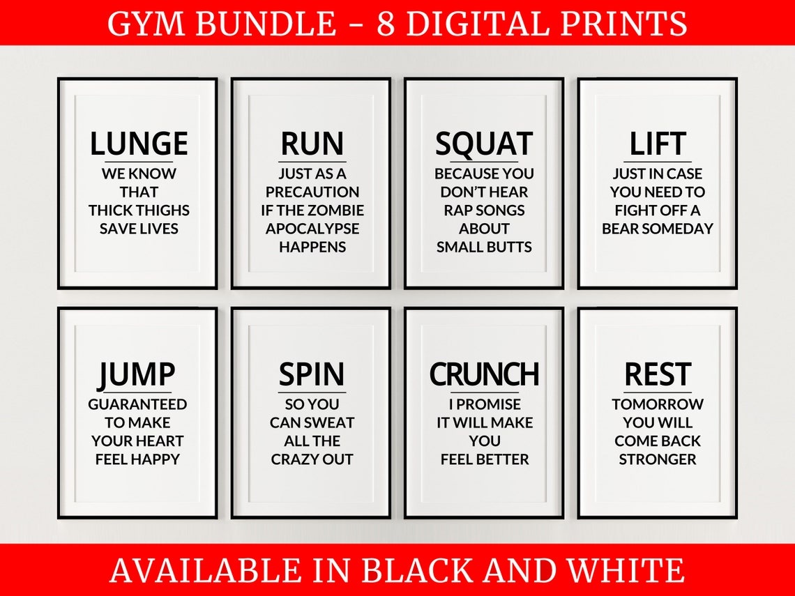 Funny Gym Motivation 8 Piece Workout Quote Bundle Wall Poster