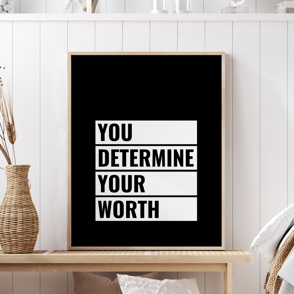 You Determine Your Worth Bold Black And White Modern Typography Poster