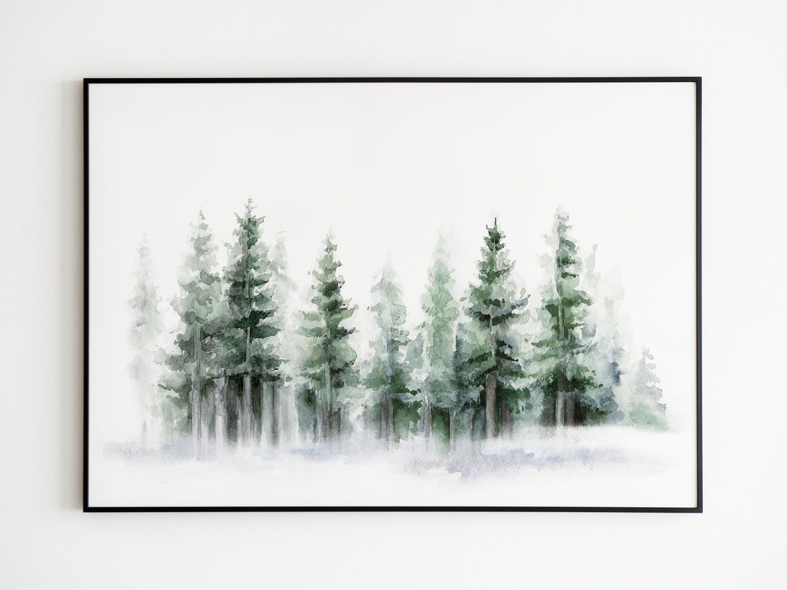 Misty Snowy Pine Forest Watercolor Winter Landscape Wall Art Print - Image 3