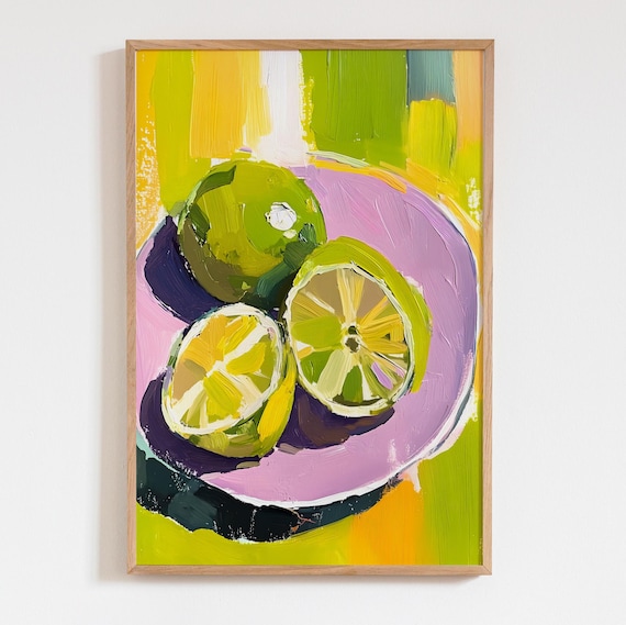 Fresh Limes on Purple Plate Acrylic Citrus Kitchen Food Poster