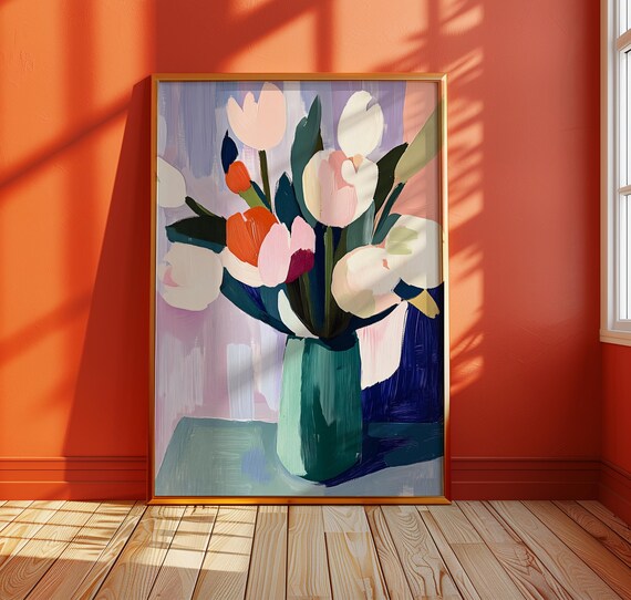 Abstract Tulips Gouache Painting Minimalist Floral Wall Art Pastel Bold Brush Strokes Modern Flower Print Flat Botanical Poster