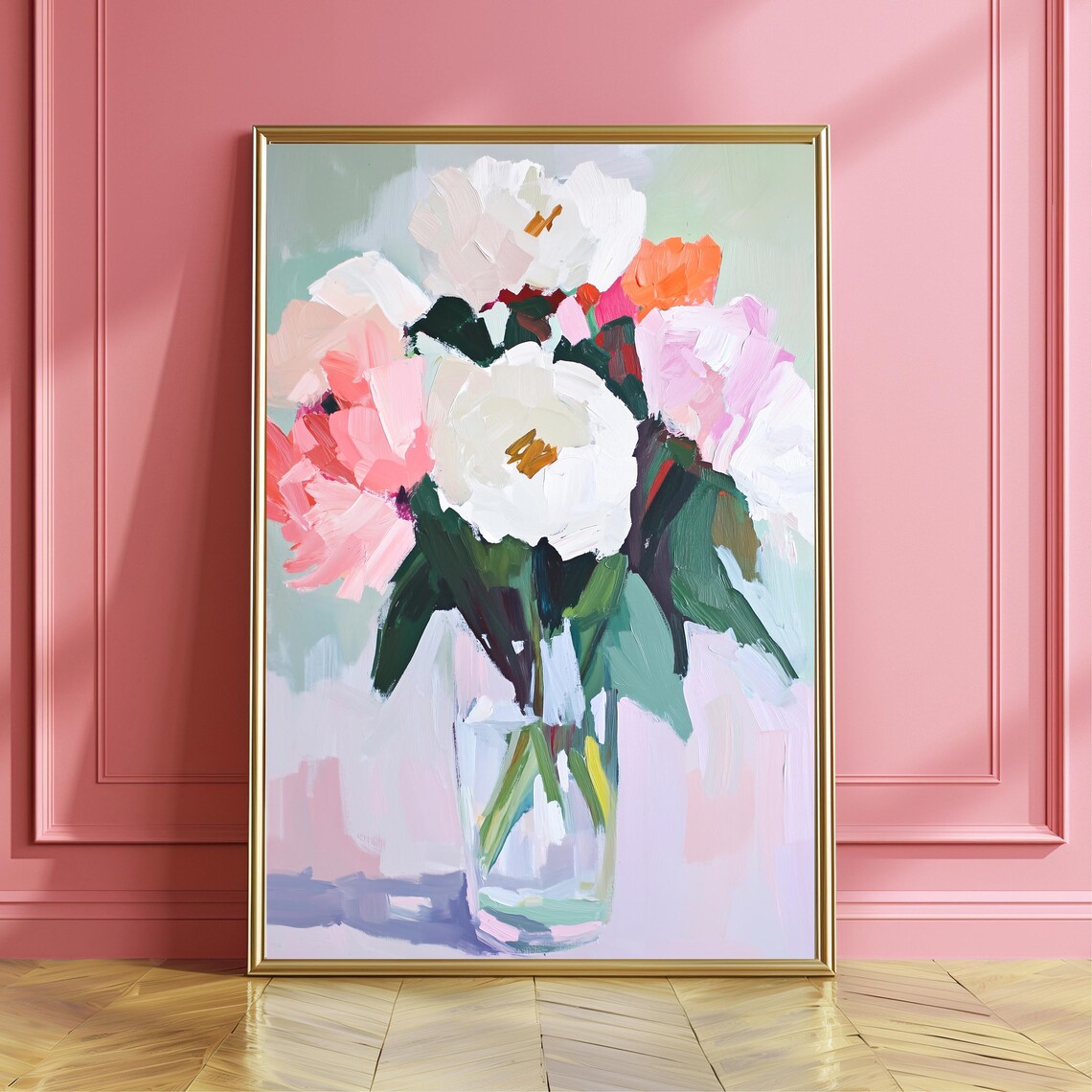 Pink and White Peony Bouquet Glass Vase Impasto Oil Floral Poster