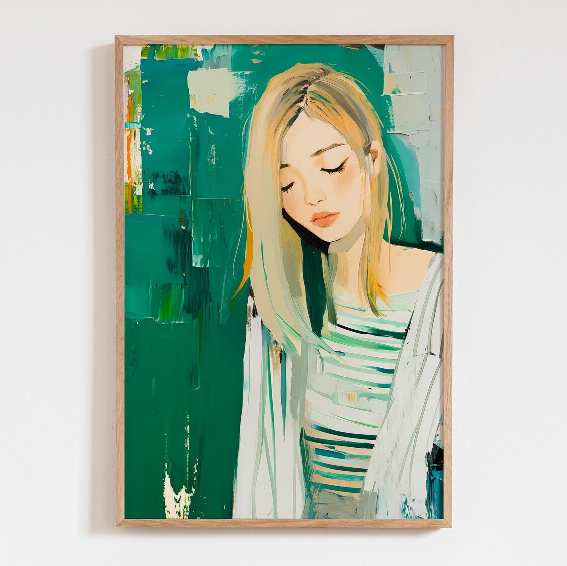 Green Abstract Blonde Woman Striped Shirt Modern Painting Decor Print