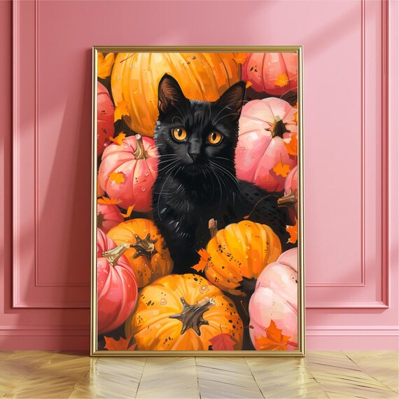 Black Cat Sitting in Pumpkins Pink Fall Halloween Art Poster