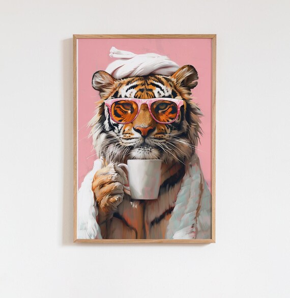 Tiger in Bathrobe With Towel and Pink Sunglasses Spa Day Poster