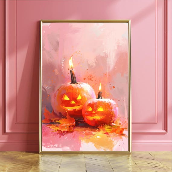 Two Cute Pumpkins Art Print Poster Pink Dopamine Halloween Wall Decor Jackolantern Instant