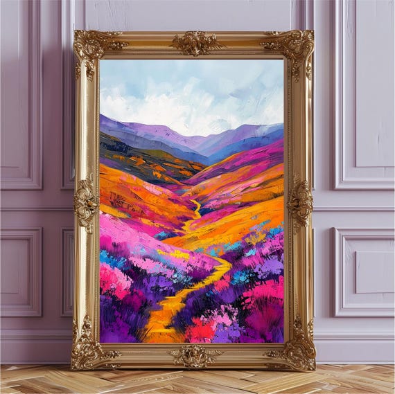 Whimsical Purple Highlands Landscape Wall Art Print Colorful Travel Gift For Maximalist Style Decor