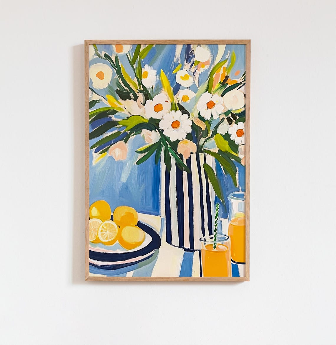 Summer Table Setting Daisies Lemons Orange Juice Gouache Art Poster