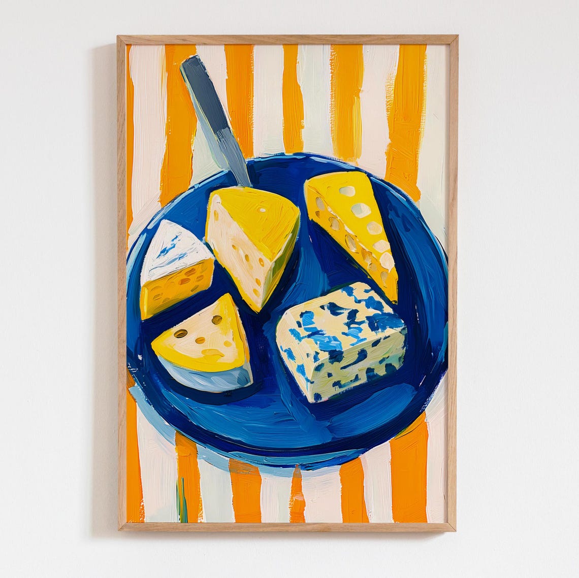 Assorted Cheese on Blue Plate Striped Background Food Poster