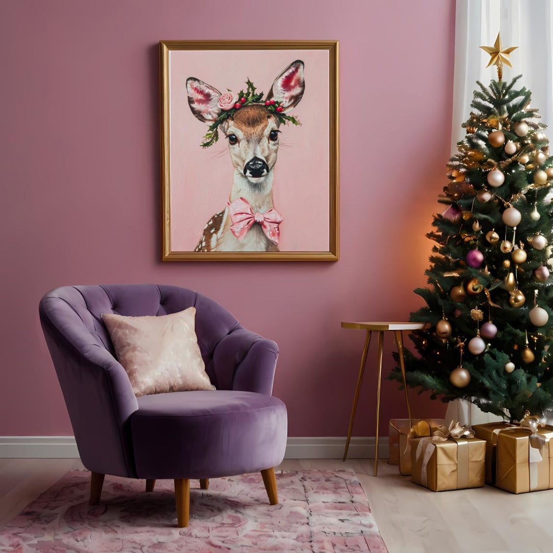 Cute Baby Deer With Floral Crown and Pink Bow Nursery Poster