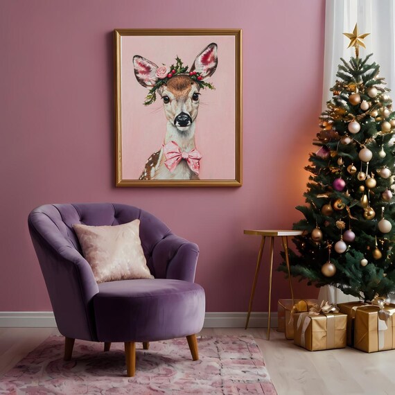 Cute White Tailed Deer Pink Portrait Art Print Poster Nursery Christmas Oil Painting Kids Room Wall Art Decor